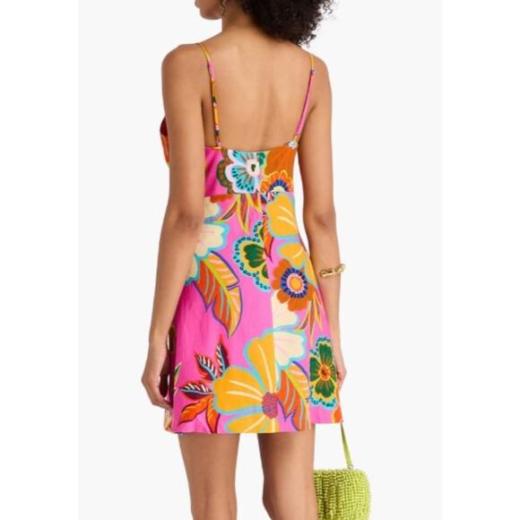 FARM RIO Pink Linen-blend Floral Garden Mini Wrap Dress Small Beachy Boho - Picture 6 of 14